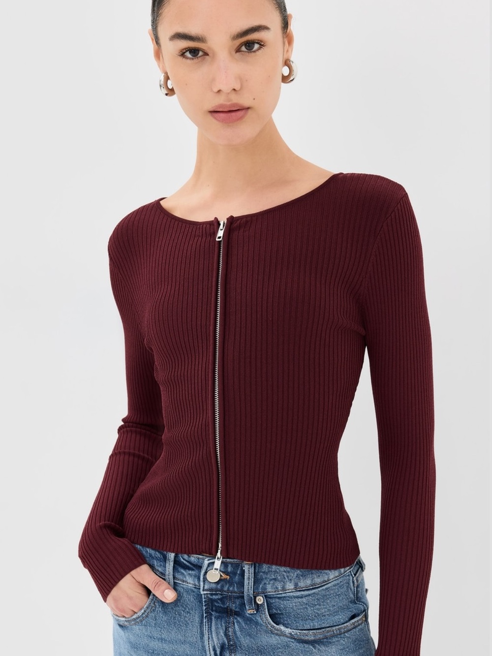 Good American Ribbed Zip-Front Long Sleeve Top - Burgundy Size S